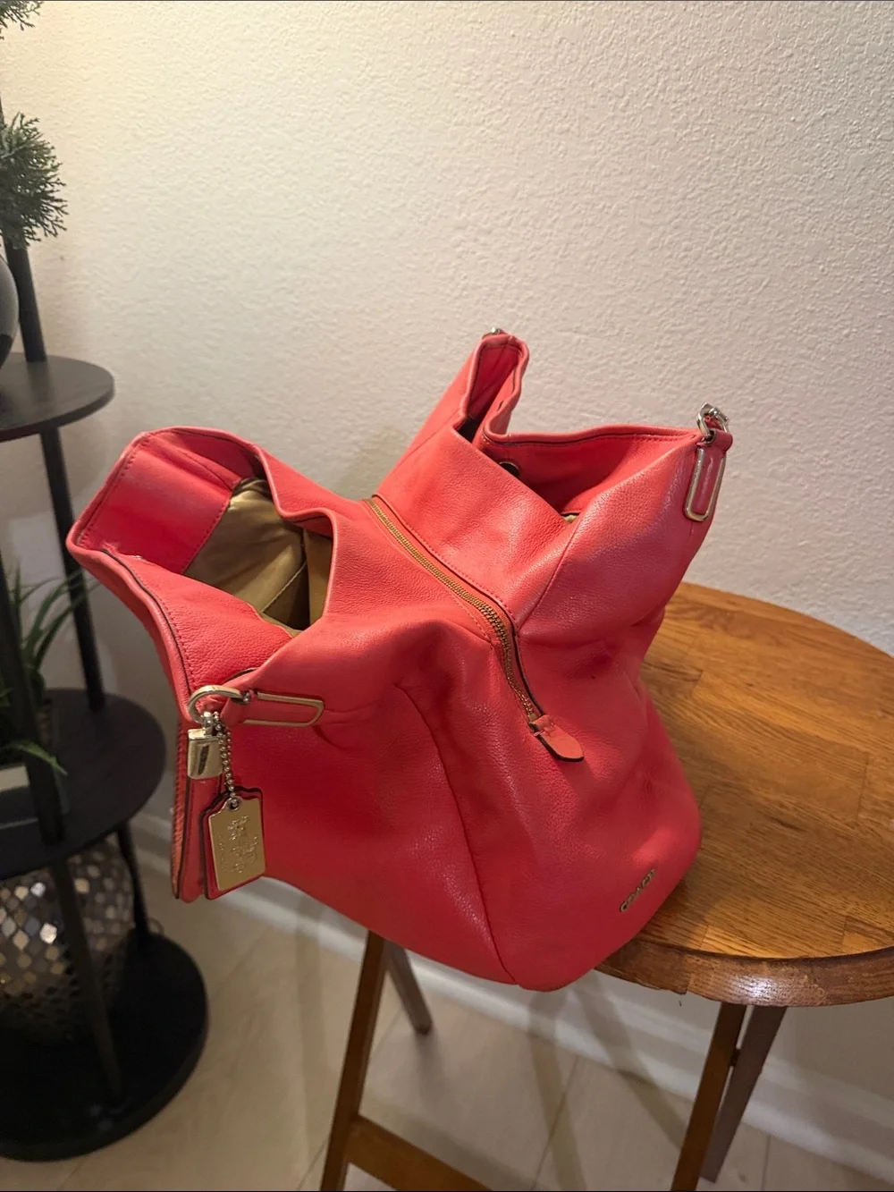Coach Coral Red Pebbled Leather Hobo with Gold Hardware